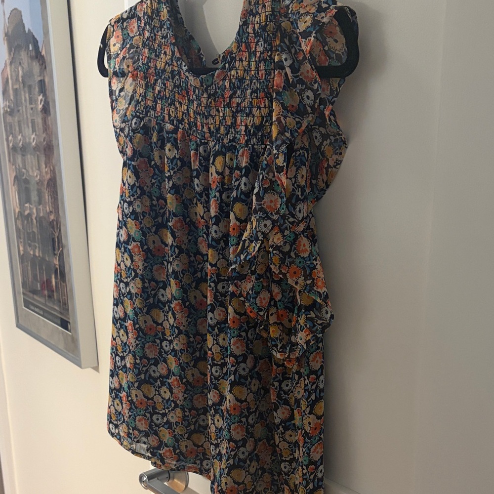 LOFT Navy Floral Smocked Sleeveless Blouse